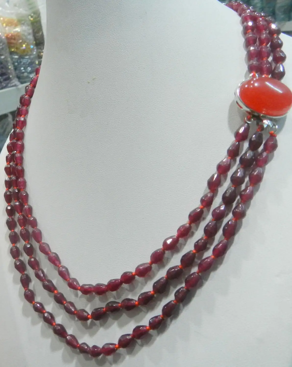 

New 3 rows of droplets faceted garnet ruby buttons & hand-woven necklace AAA+++