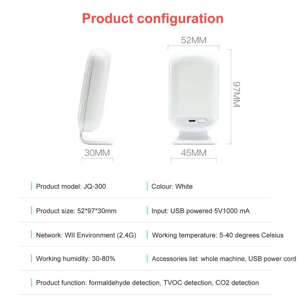 Wifi домашний счетчик смога PM2.5/HCHO/TVOC/CO2 Монитор температуры и влажности воздуха анализатор качества воздуха детектор газа анализатор JQ-300