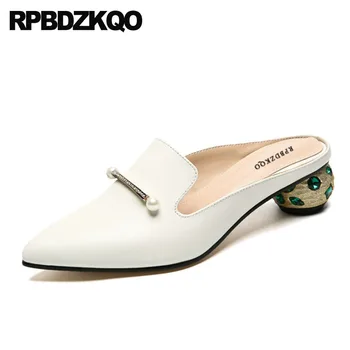 

pumps crystal pearl suede block pointed toe black thick green dress shoes women metal white rhinestone abnormal novelty diamond