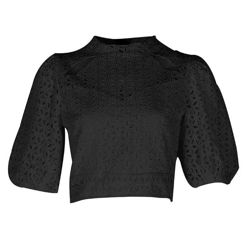 TWOTWINSTYLE винтажная открытая женская блузка со стоячим рукавом средней длины, однотонная Свободная рубашка, Женская Летняя мода, новая одежда - Цвет: black