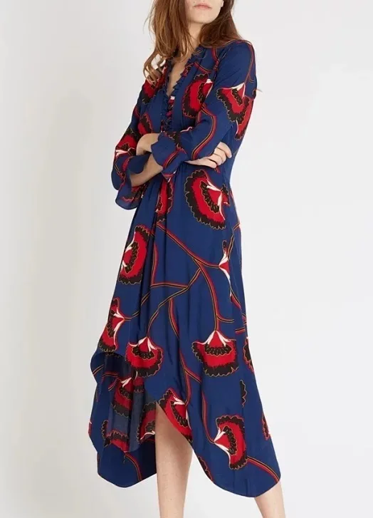 

2019 spring and summer print V-neck ruffled long irregular waist dress