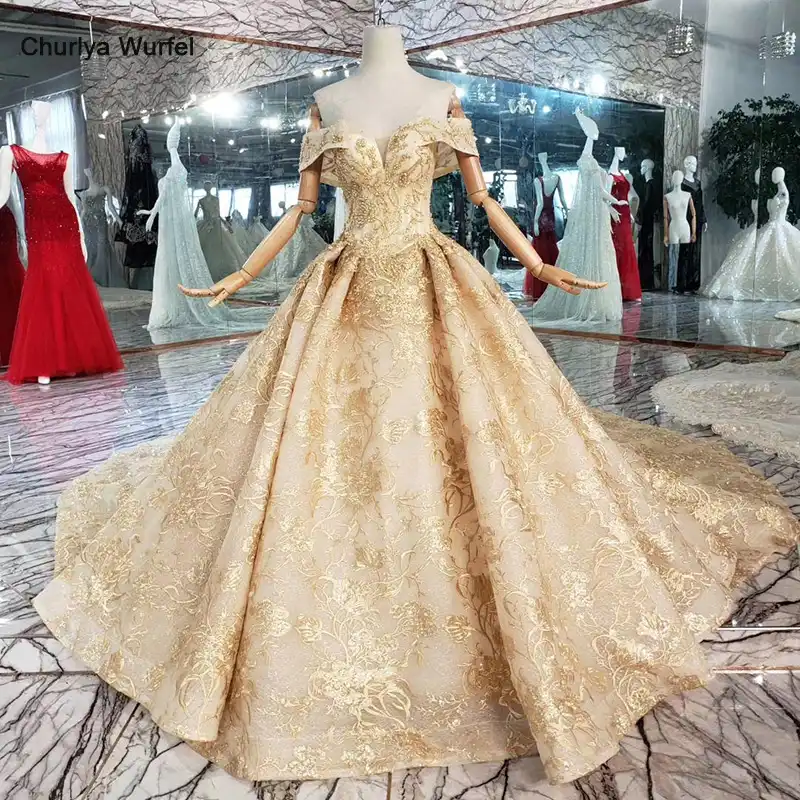 Htl366 Vestidos De Novia De Encaje Dorado Con Cola Real Con Apliques De Hombro Al Descubierto Vestidos De Novia De Lujo Para Mujeres Para Chicas Ropa De Novia Aliexpress