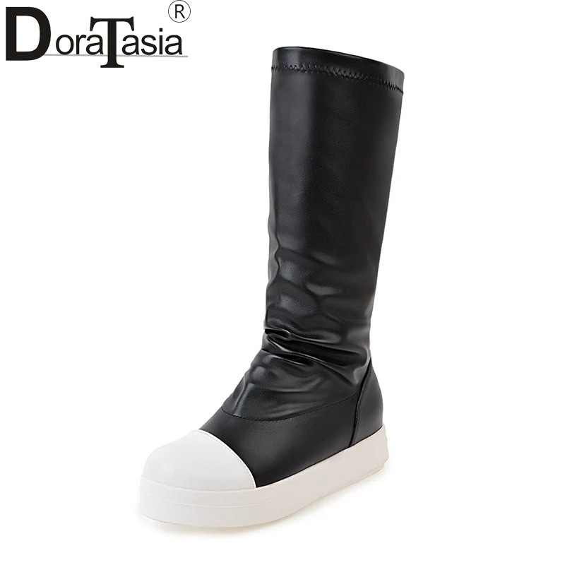 DoraTasia/Большие размеры 34-42, женская обувь на меху, на плоской толстой подошве, без шнуровки, осенне-зимние разноцветные сапоги до середины икры для девочек