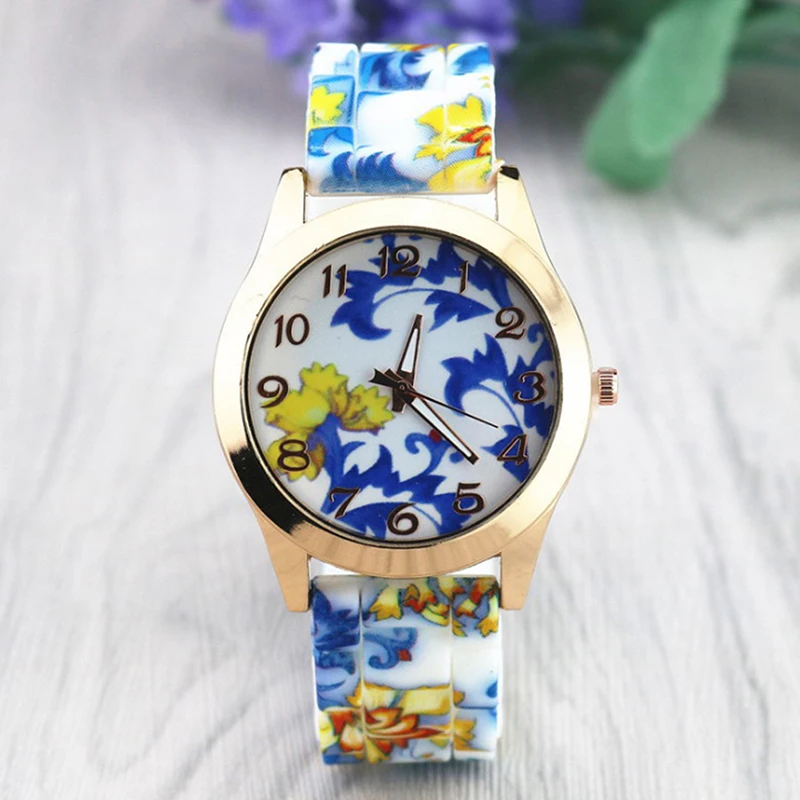 Women Girl Watches Wrist Watch Silicone Band Flower Printed Business Dress Watch Female Quartz Wrist Watches