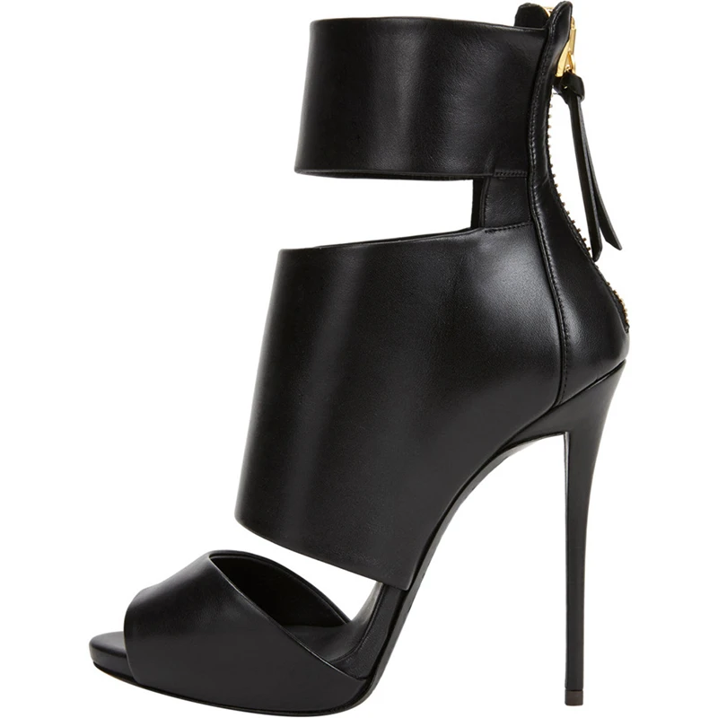 Женские ботинки черные ботинки с открытым носком на высоком каблуке красивые ботинки на тонком каблуке летние ботинки модные короткие