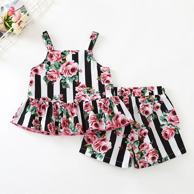 

2019 Summer Brand Children Girls Clothing Set Rose&Butterfly Pattern Top+ShortS Girl Kids Clothes Suit Princess Clothing Set