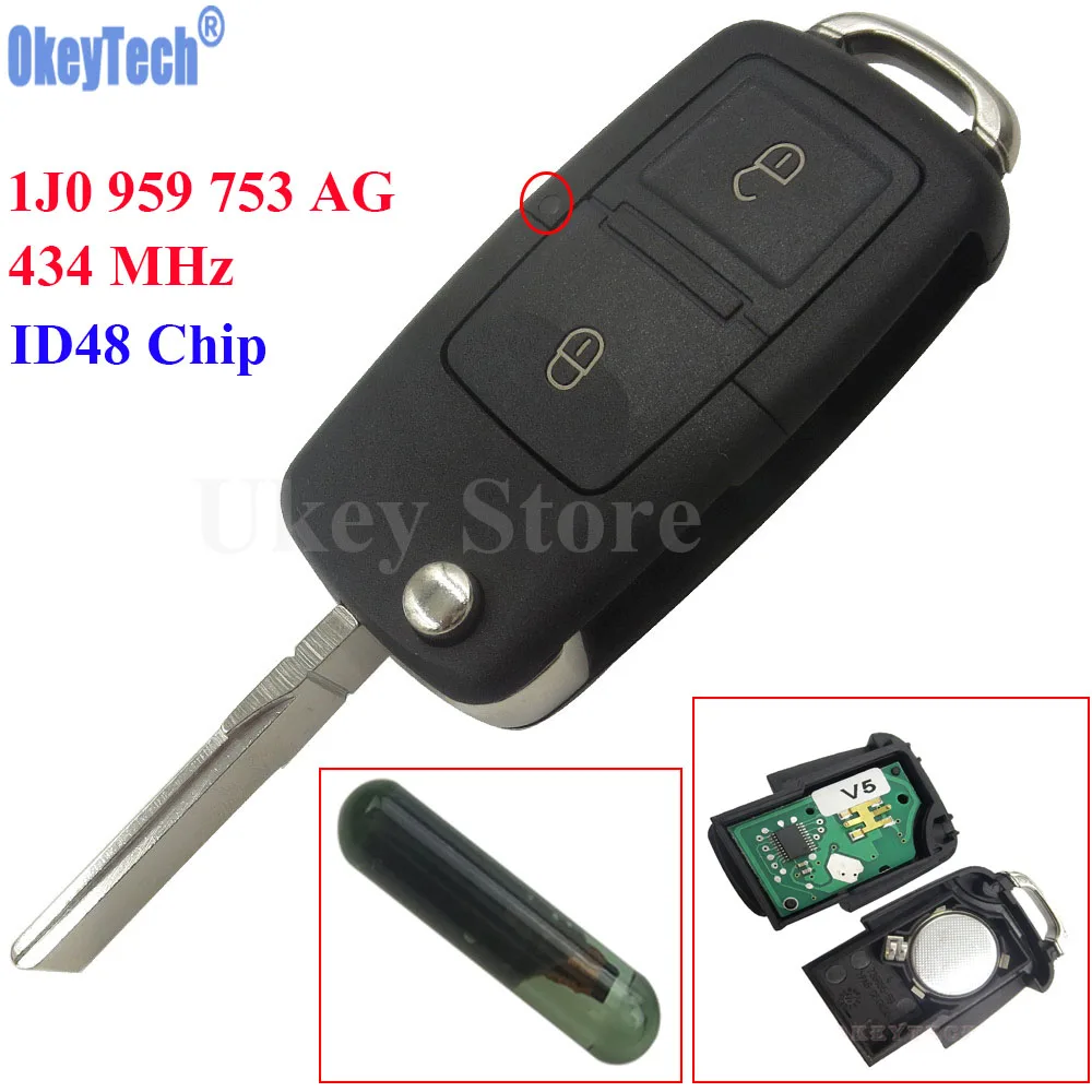 OkeyTech 2 Buttons Flip Remote Key Fob Case 434MHz ID48 Chip For VW Beetle Bora Golf Passat Polo Transporter T5 1J0 959 753 AG