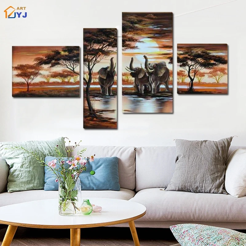 Без рамы 4 панелей Большой Африканские слоны картина стены Книги по искусству ручной работы Современные Пейзаж маслом на холсте подарок декор jyjlv156