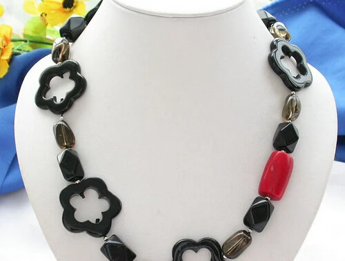 

FREE SHIPPING>>>@@ AS2436 21" 35mm flower black agate red coral crystal necklace