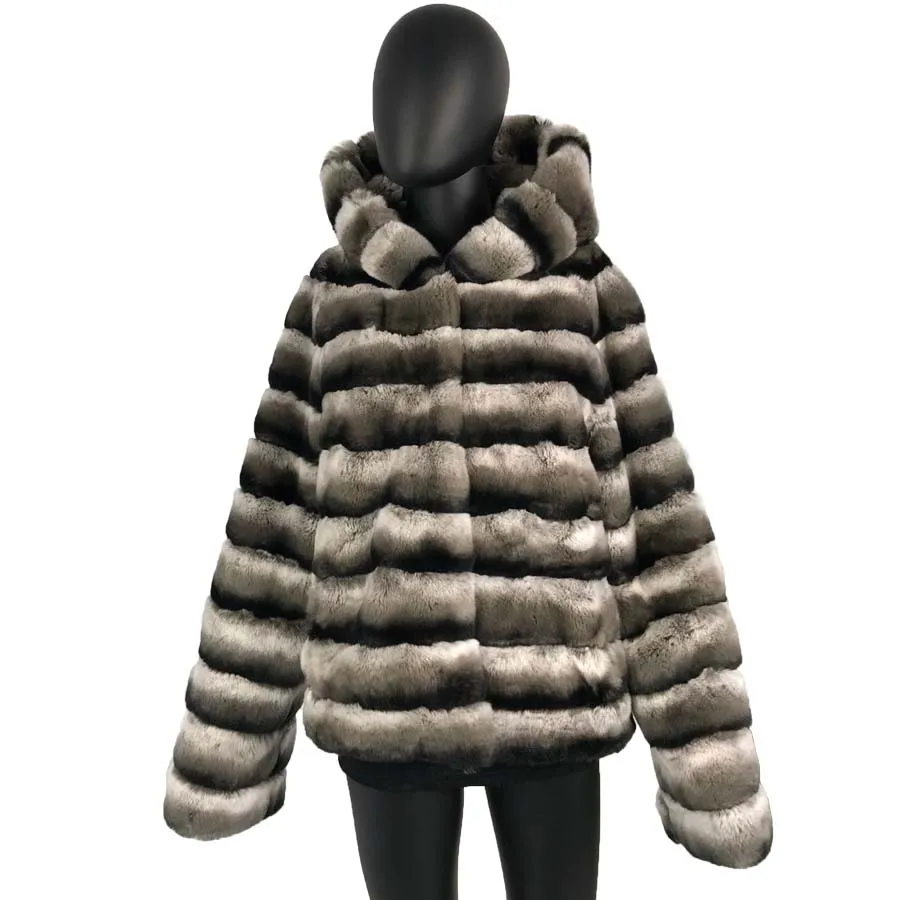 

natural black Grey brown Striped rex rabbit fur coat Outwear medium long with hood Chinchilla Color real fur coat jacket thick w