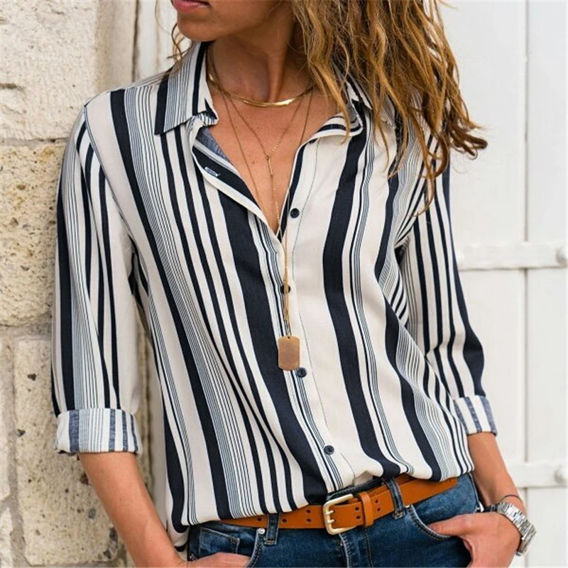 

VZFF Women's Shirt Long Sleeve Lapel 2019 Autumn Fashion Office Striped Button Casual Blouse Top
