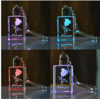 

Novelty Mini Portable Rose flower Engraving Round 3D Crystal Glass LED Keychain Colorful Pendant Child Christmas Gift