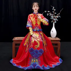 Традиционный китайский для женщин Свадебные Cheongsam костюм изысканный высокое качество вышивка феникс Qipao классический невесты брак пла