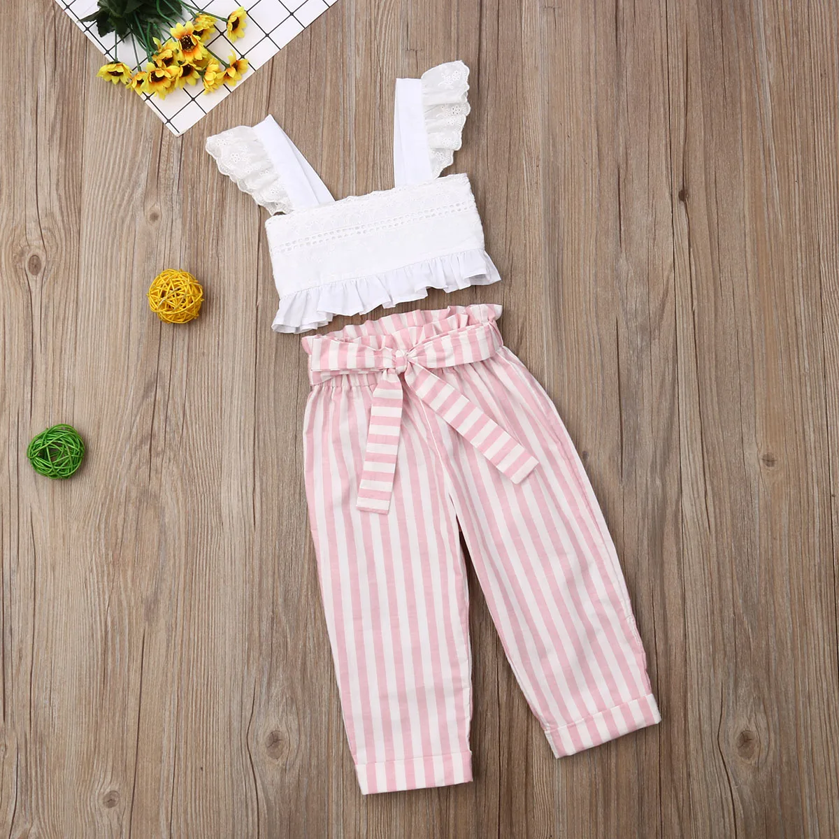 Pudcoco Summer Toddler Baby Girl Clothes Lace Strap Ruffle Crop Tops Striped Long Pants 2Pcs Outfits Clothes Summer