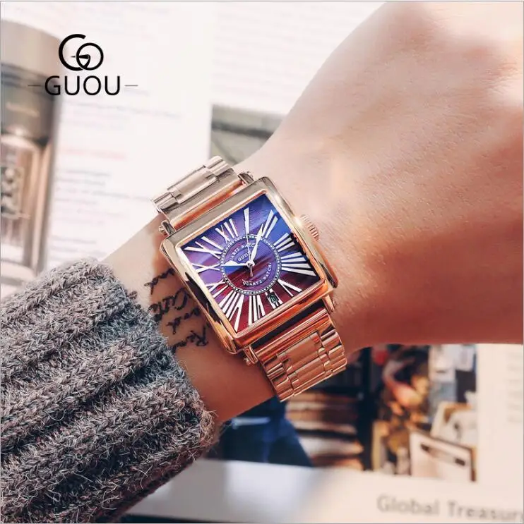 Часы GUOU мужские роскошные квадратные Blu-Ray Мужские кварцевые часы модные римские шкала из нержавеющей стали часы bayan kol saati