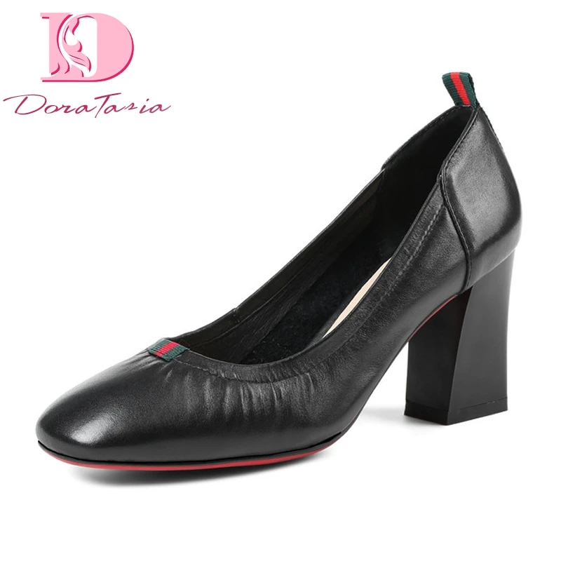 

DoraTasia New women's Genuine Leather Med Square Heels Round Toe Solid Shoes Woman Casual Office Pumps Size 35-39