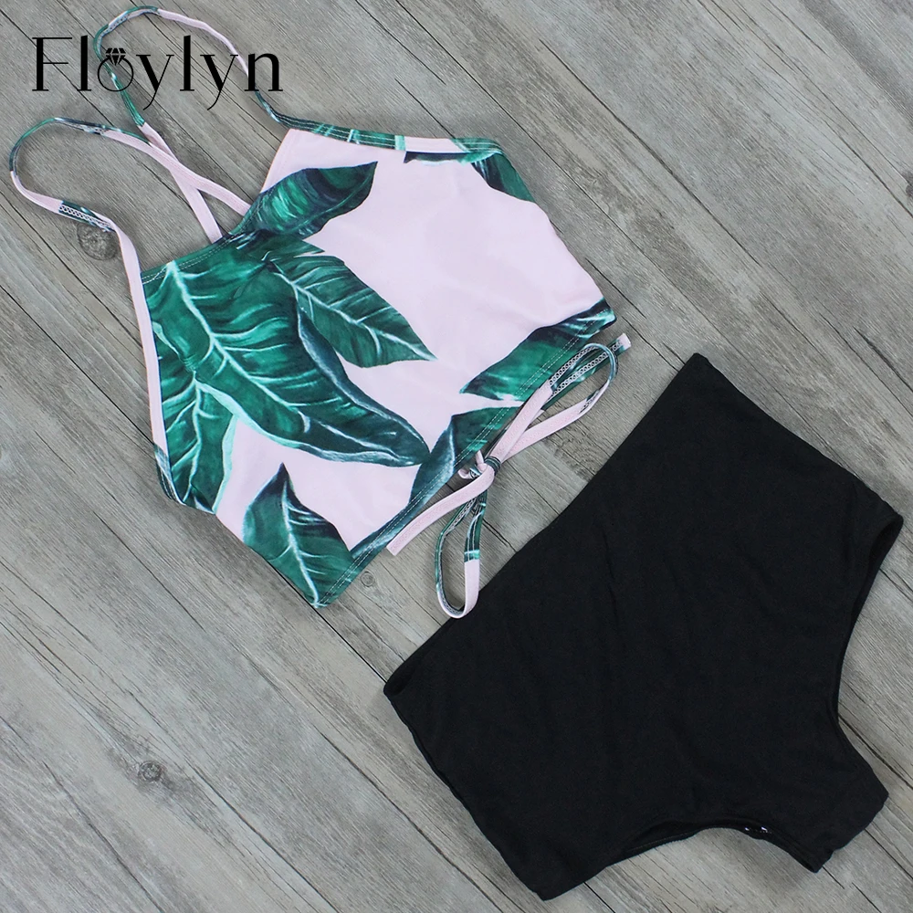 

Floylyn Tank Top Sexy Women Leaf Print Bikini Swimwear High Waist Women Bathing Suit