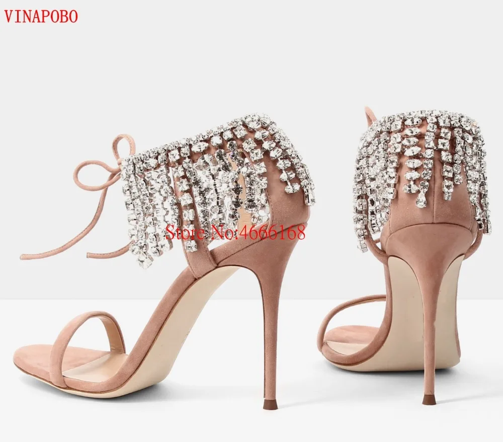 

2019 Amazing Crystal Embellished Fringed Suede Slip-On Gladiator Sandals Women Open Toe Stiletto Heels Pumps Women High Heels
