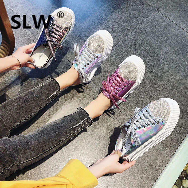 

new Casual Basic Round Toe Sequined Cloth PU PVC Crystal platform Bling women Slip-On Flat Platform Lace-Up Cross-tied leather