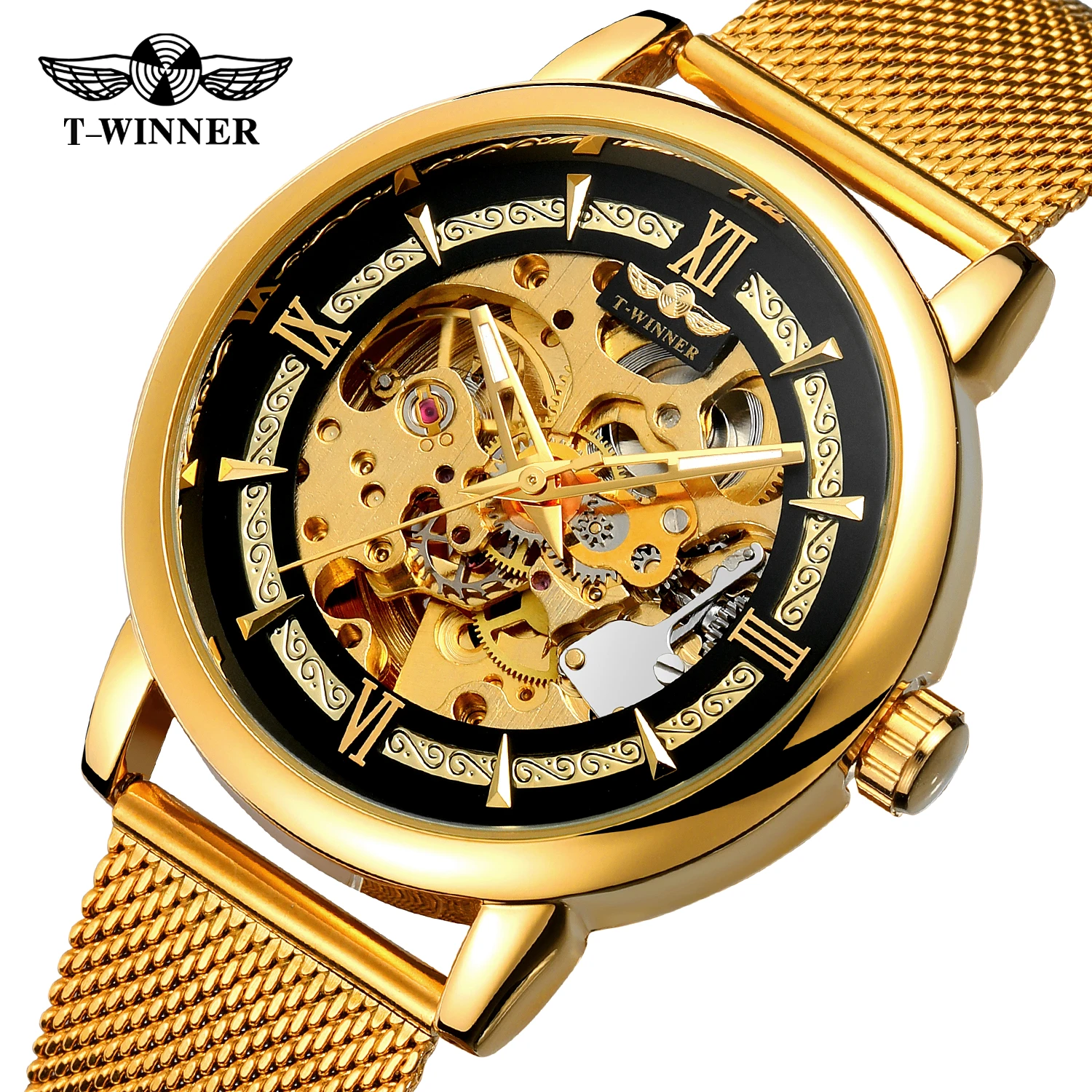 

Winner Men Luxury Gold Automatic Self Wind Mechanical Watch Skeleton Dial Luminous Hands Mesh Strap