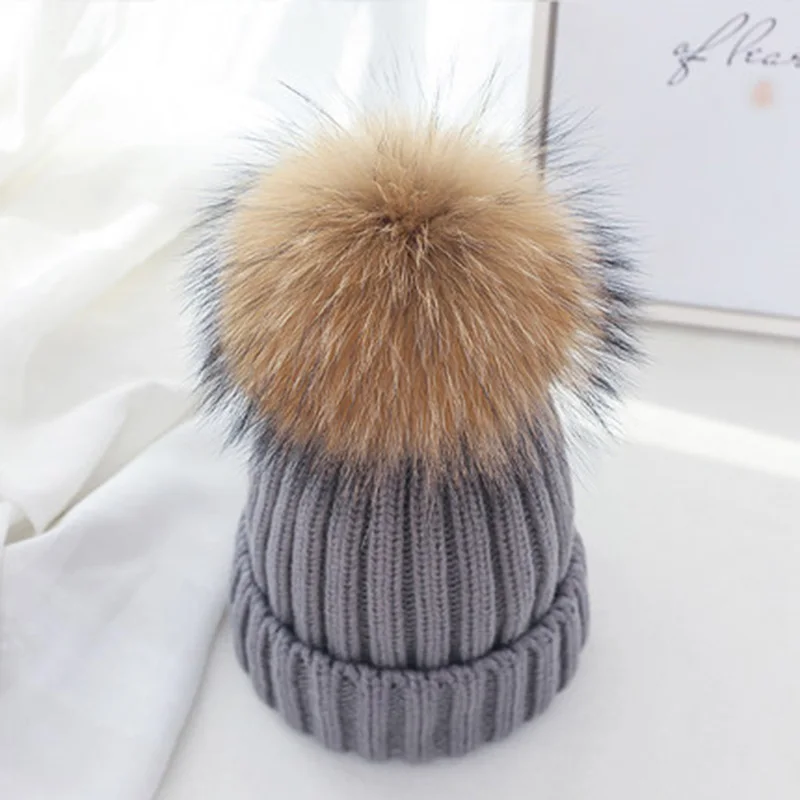 Real Fur Hat Knitted Real fox hair bulb Pom Pom Hat Women Winter Hat Unisex Kids Warm with wool Chunky Thick Stretchy Knit hat