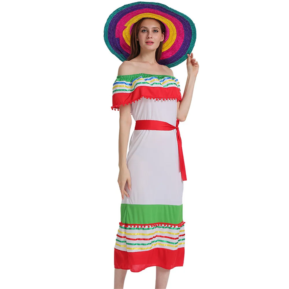 Платье для косплея в мексиканском стиле на Хэллоуин; мексиканские Вечерние платья на карнавал; Разноцветные полосатые платья; нарядное платье
