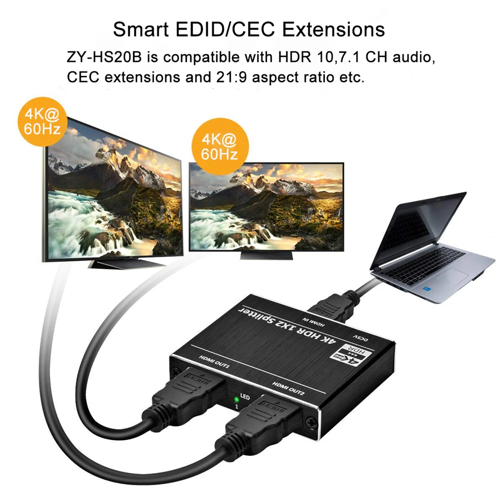 4K @ 60 Гц UHD HDR HDMI 2,0 Splitter 1x2 1 в 2 из HDMI 2,0 HDCP 2,2 Splitter переключателя Box HDMI Splitter 2,0 для HD ТВ PS3 Apple ТВ