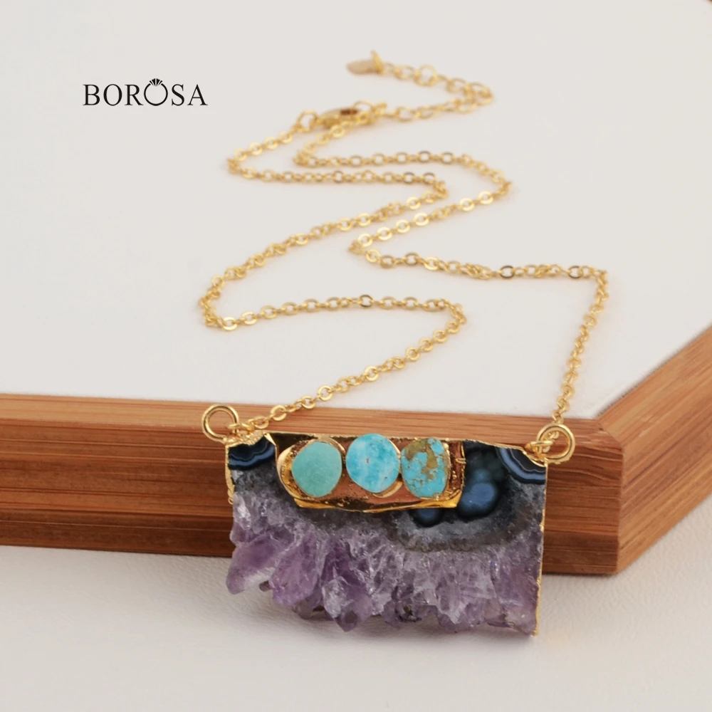 

BOROSA Electroplated Natural Amethysts Druzy Slice & Three Natural Turquoises Connector for Pendant Necklace CL220