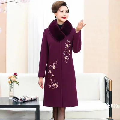 Rich purple Плюс размер 5XL элегантная женская шерстяная куртка зима Мода для женщин среднего возраста с вышивкой кашемировое пальто средней длины Верхняя одежда TY320 - Цвет: Rich purple