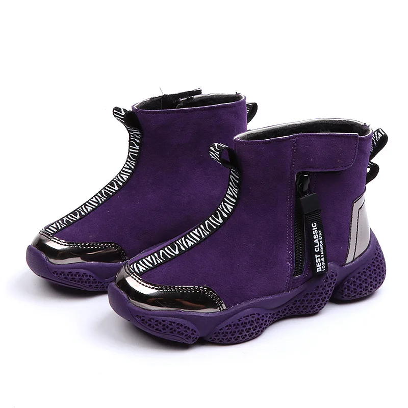 

AFDSWG leather childrens winter boots warm plush boots for children girl black kids boots snow Purple little boys boots