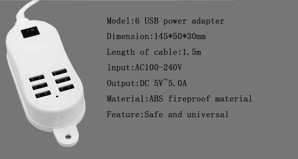 Кабель-удлинитель с 6 портами usb для быстрой зарядки, Универсальное портативное зарядное устройство для путешествий, работы, дома, адаптер с вилкой EU, UK, US