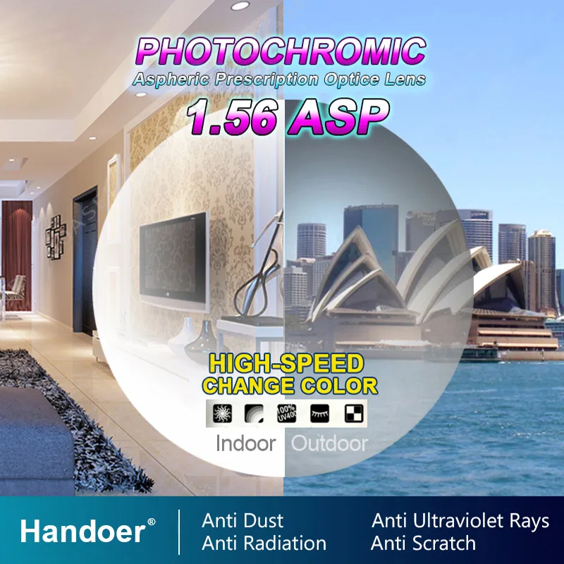 Handoer 1.56 Photochromic Single Vision Optical Prescription Lenses Fast Color Change Light-Sensitive Vision Correction Lens