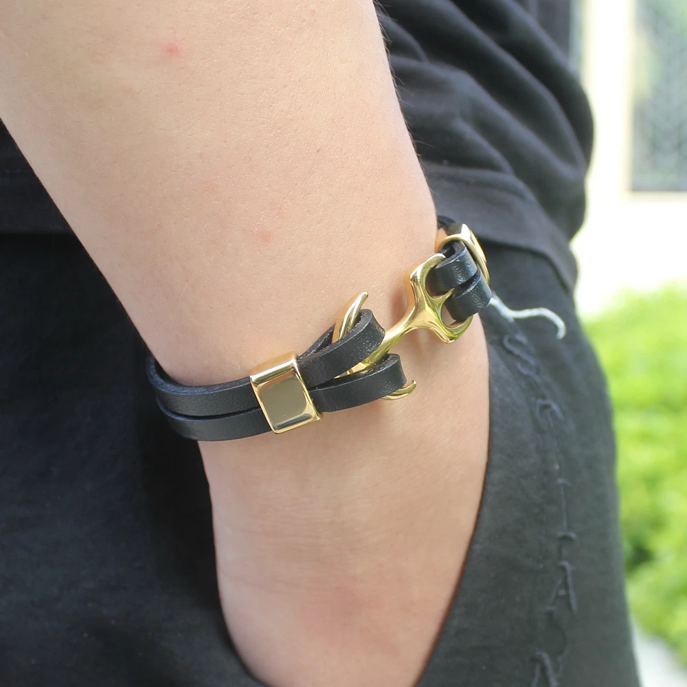 TYO Charm Bracelet Anchor Bracelet Pattern Gold & Steel Color Genuine Leather Bracelet For Birthday Party Gift Men Bangles 2019