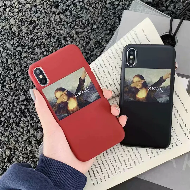 

Fashion Retro Funny Mona Lisa oil painting phone case For iPhone cover X XS Max XR Case Silicon for coque iphone 7 8 6 Puls case