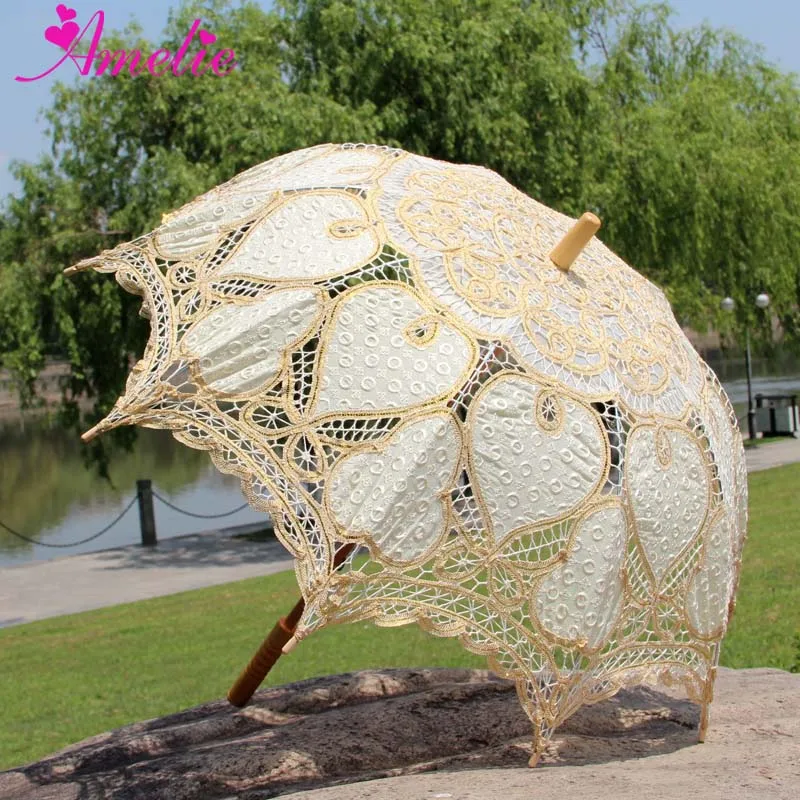 Embroidery Heart Shape Coodinates with Dramatic Studded Lace Party Shower Umbrella Lace Parasol Graduation Photo Prop Umbrella - Цвет: gold beige