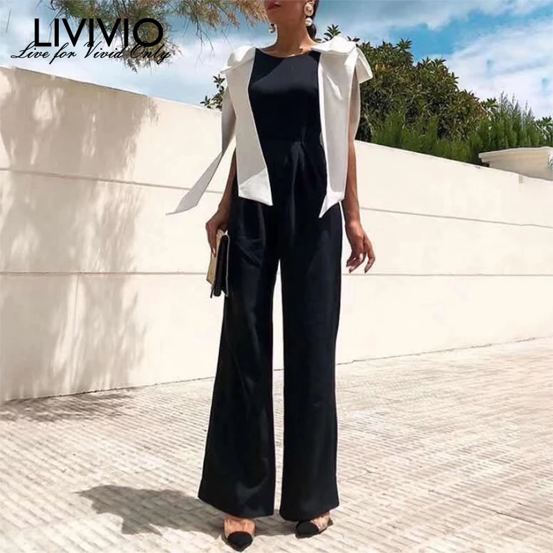 

[LIVIVIO] Summer Backless Jumpsuits For Women O Neck Sleeveless Bowknot Bandages High Waist Sexy Pants Female 2019 New