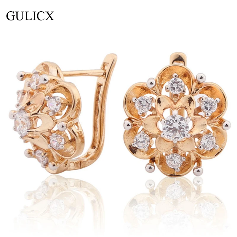 

GULICX Big Circle Earring Flower for Women Gold-color Hoop Earring White Crystal CZ Zircon Earing Fashion Flower Jewelry E193