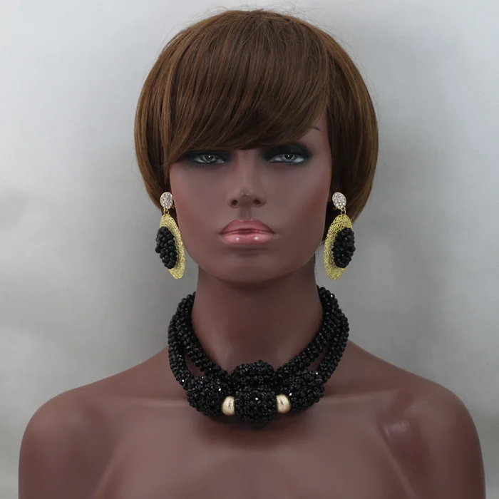Gorgeous Black Beads Chunky Costume Jewelry Sets Gold Statement Necklace Earrings Bridal Jewelry Set Free Shipping