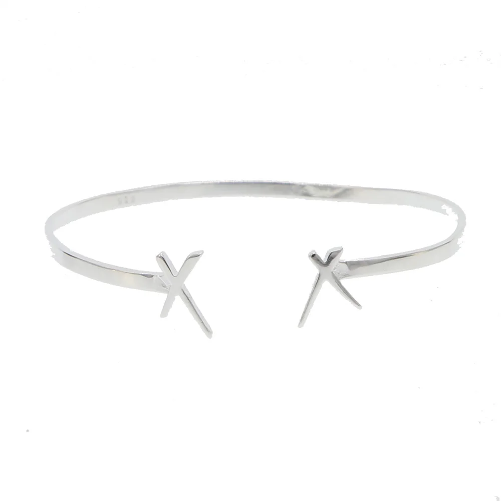100% 925 sterling silver polished X cross women simple open cuff bangle