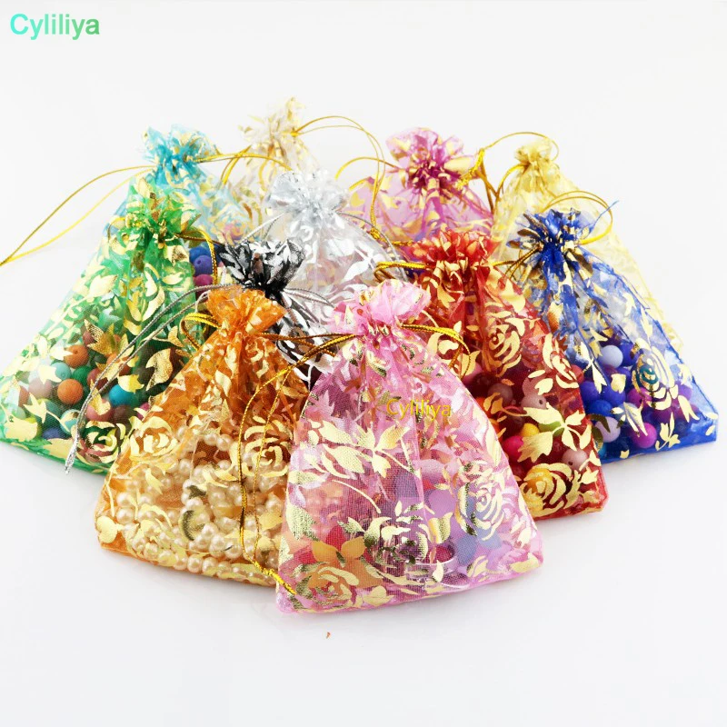 

100pcs 9*12cm Colorful Organza Gift Bags Gilding Rose Design Drawstring Bag 8 colors Mini Candy Bag Jewelry Packaging Pouches
