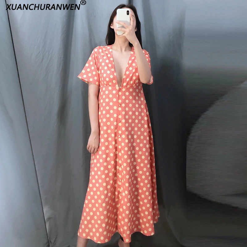 

Casual Loose Polka Dot Print Deep V neck Dress Short SLeeve Women Long Maxi Beach Vacation Preppy Style Dress NX8893