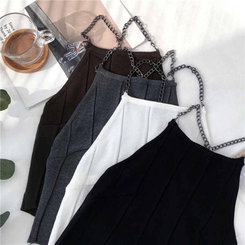 Трикотажные майки Для женщин тонкий Вязание с лямкой на шее; Camisole Топы Женский цепь ремни кроп топы на бретельках, без рукавов, футболки Одежда для девочек