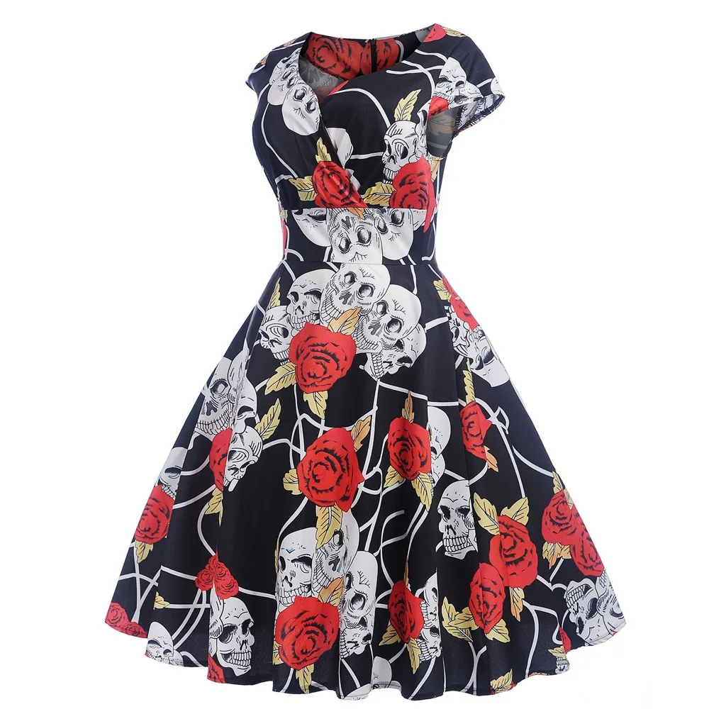 

Women 1950s Retro elegant Dresses plus size Female Vintage Rose Skull Party Swing Dresses Fashion Ladies clothes robe femme