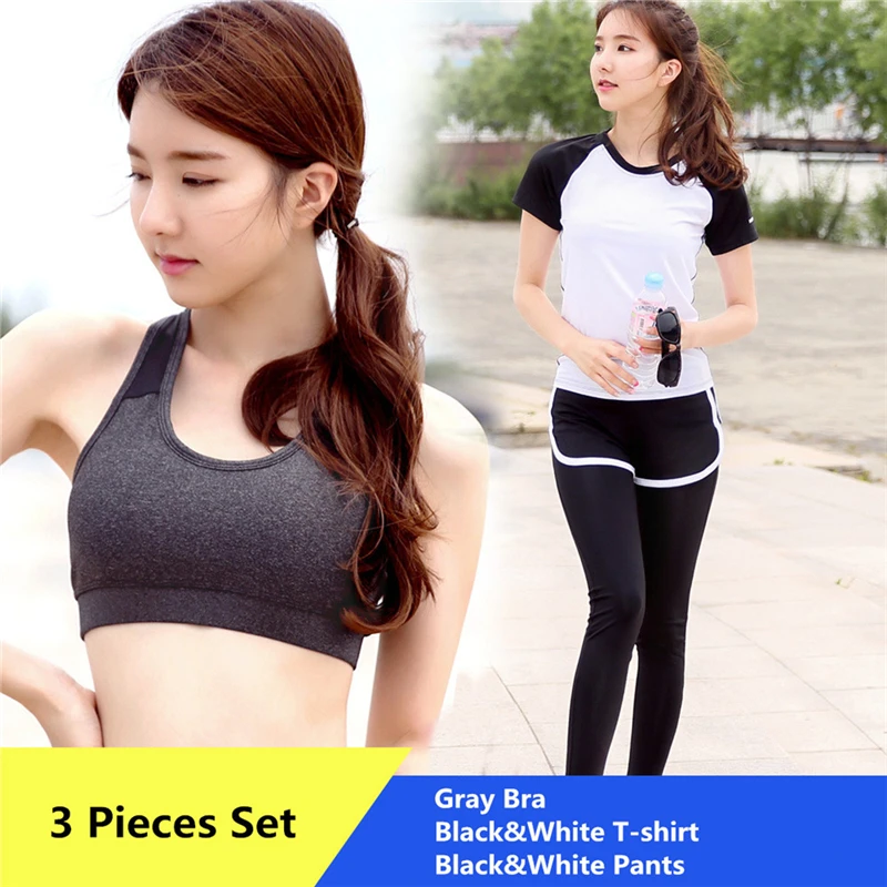 

Women 3 Pieces Yoga Set Dark Grey Bra+White/Black Patchwork T-shirt+Pants Quick Dry Girls Sportswear Gym Running Female Outwear