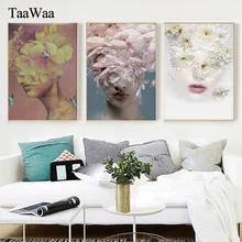 TAAWAA Wall Art Canvas Poster Print Nordic Painting with Flowers and Girl Abstract Decorative Picture for Living Room Home Decor