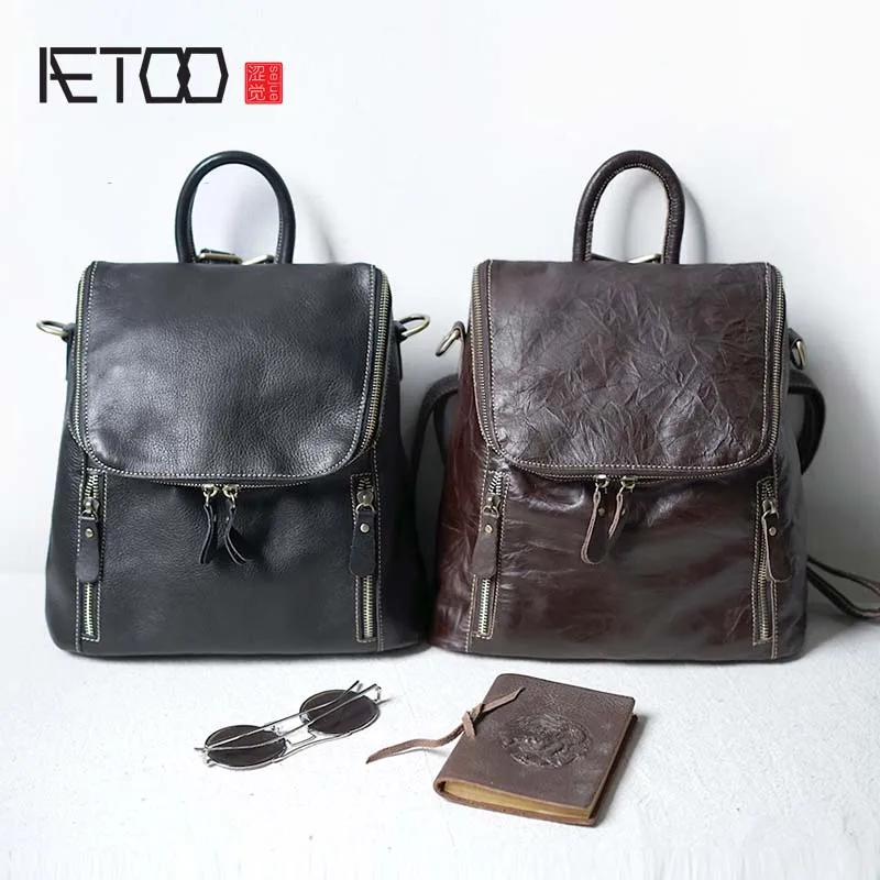 AETOO Simple leisure school bag genuine leather shoulder bag women original first layer cowhide travel dual
