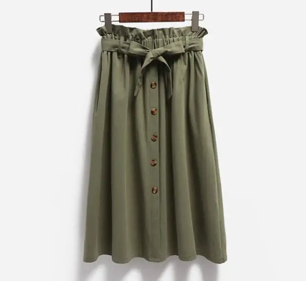 Fitaylor, летние женские юбки,, длина до колена, трапециевидная юбка, Женская однобортная юбка с поясом, Повседневная Эластичная юбка с высокой талией - Цвет: Army Green