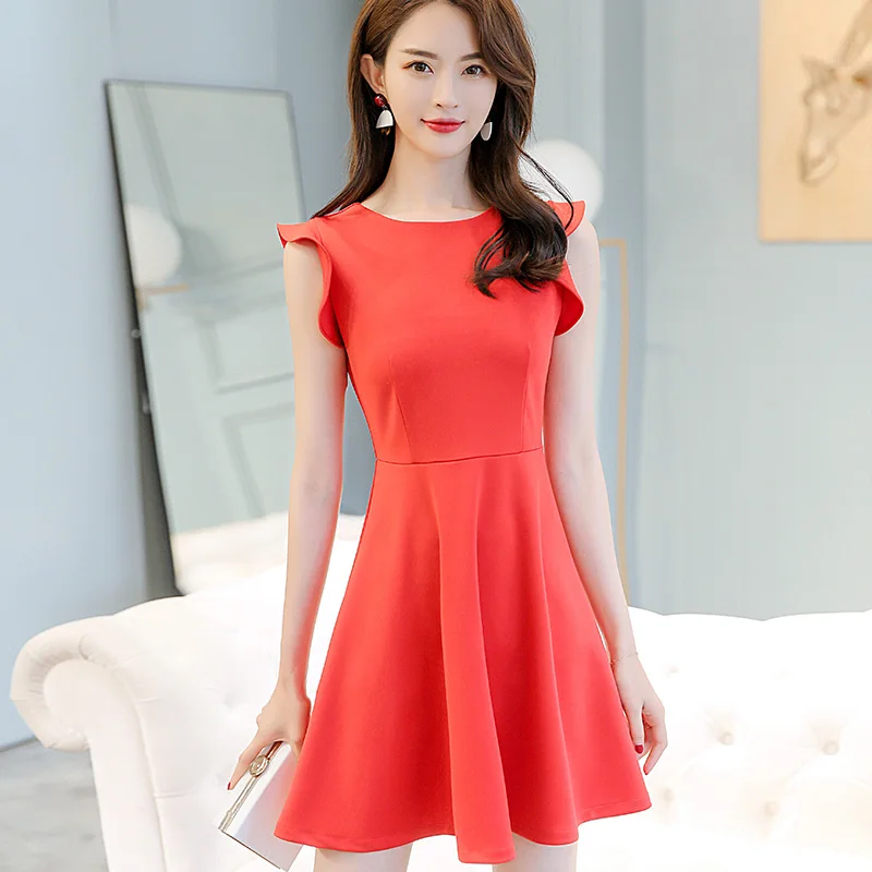 

Summer dress Korean women clothing Office Lady sleeveless dress fashion o-neck dress black red dress High waist Vestidos