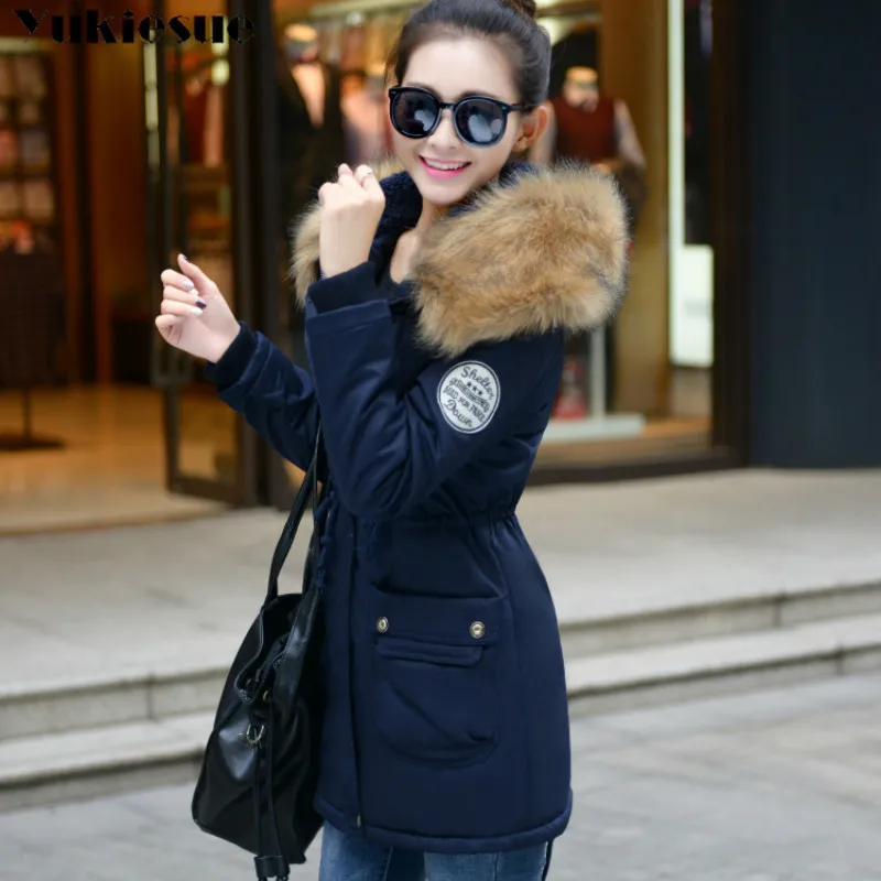 Fashion Autumn Warm Winter Jackets Women Fur Collar Long Parka Plus Size lapel Casual Cotton Womens Outwear Park Plus size