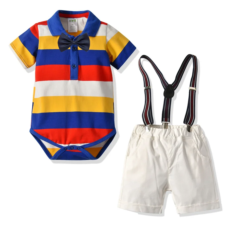 

2PCS/Sets Newborn Baby Striped Short Sleeve Rompers + Suspenders Shorts Pants Casual Gentleman Suits Baby Boys Cotton Clothes